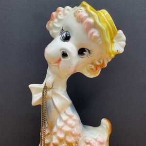 Vintage Japanese Porcelain Poodle Figurine with Faux Hair and Bow 1950s MCM